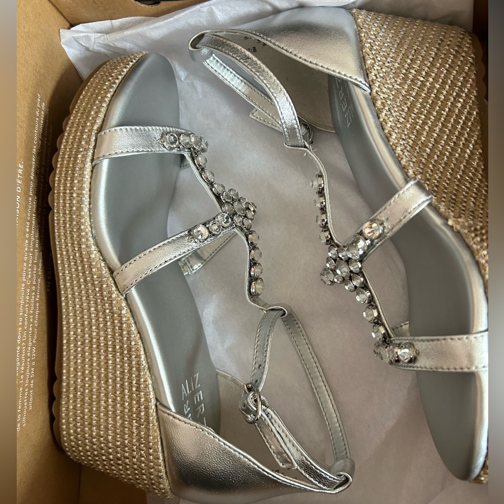 Naturalizer Silver T-Strap Jeweled Espadrille Wedge Sandals - Picture 2 of 6